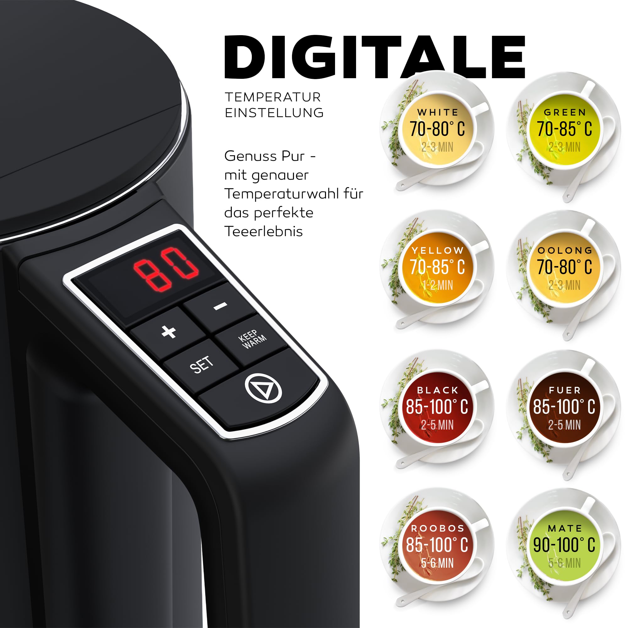 BALTER Edelstahl Wasserkocher mit Temperatureinstellung, 40°C-100°C, Doppelwand, BPA frei, leise & kabellos, Kettle, Teekocher mit Temperaturwahl, 1.5L, 2200W, Schwarz
