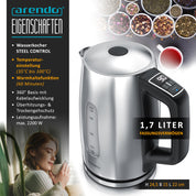Arendo - Edelstahl Wasserkocher mit Temperatureinstellung - Temperaturauswahl 35°C bis 100°C – LED Display – Warmhaltefunktion Babymilch 40 Grad – One-Touch Deckelöffnung – Sichtfenster