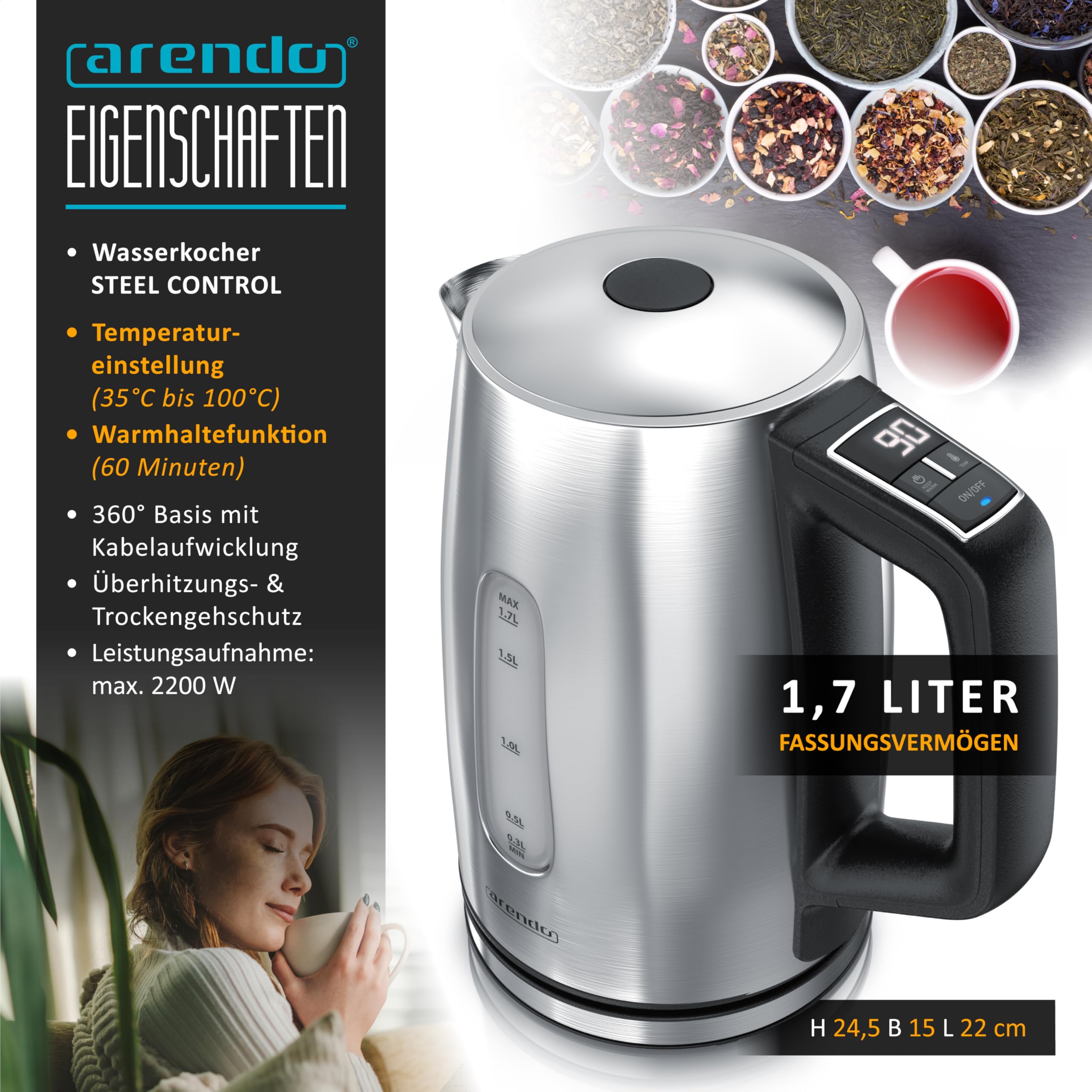 Arendo - Edelstahl Wasserkocher mit Temperatureinstellung - Temperaturauswahl 35°C bis 100°C – LED Display – Warmhaltefunktion Babymilch 40 Grad – One-Touch Deckelöffnung – Sichtfenster